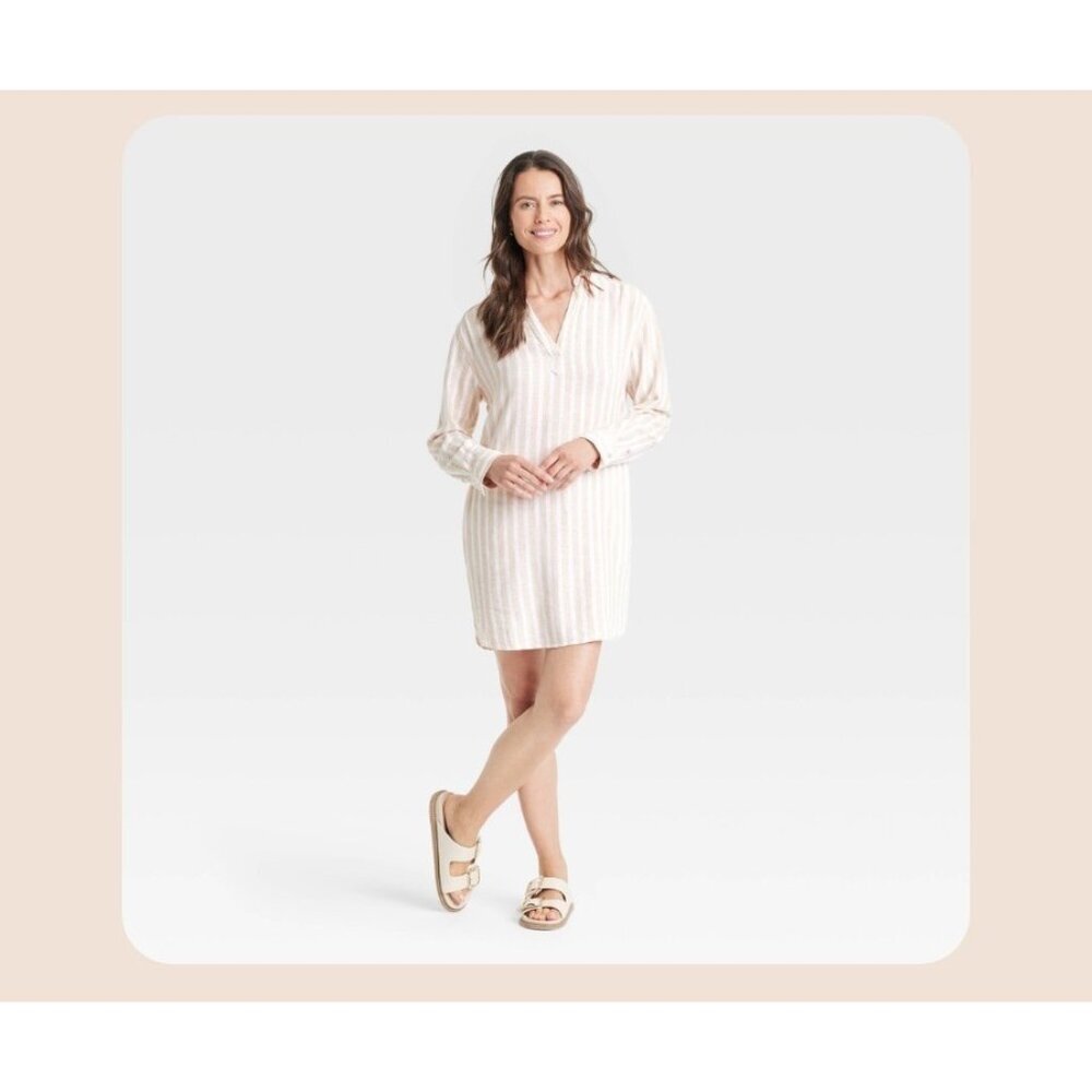 Women's Long Sleeve Popover Mini Shirtdress - Universal Thread™ Tan Striped XL: